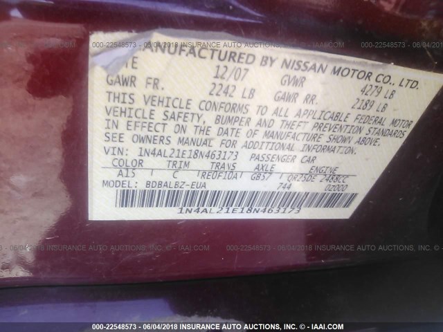 1N4AL21E18N463173 - 2008 NISSAN ALTIMA 2.5/2.5S RED photo 9