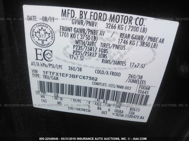 1FTFX1EF3BFC67562 - 2011 FORD F150 SUPER CAB BLACK photo 9