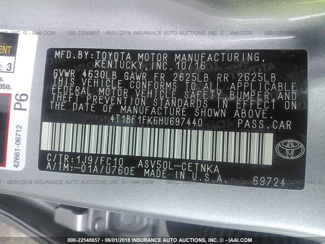 4T1BF1FK6HU697440 - 2017 TOYOTA CAMRY LE/XLE/SE/XSE GRAY photo 9