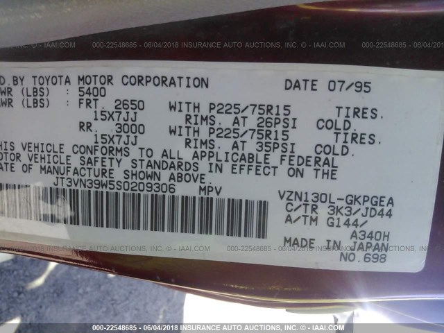 JT3VN39W5S0209306 - 1995 TOYOTA 4RUNNER VN39 SR5 栗色 照片 9