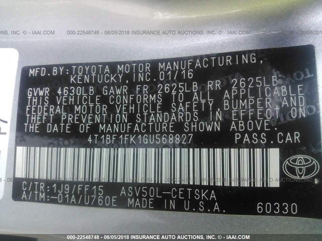 4T1BF1FK1GU568827 - 2016 TOYOTA CAMRY LE/XLE/SE/XSE SILVER photo 9