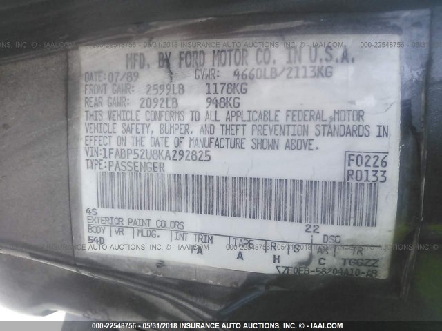 1FABP52U8KA292825 - 1989 FORD TAURUS GL GRAY photo 9