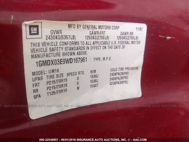 1GMDX03E9WD167961 - 1998 PONTIAC TRANS SPORT  RED photo 9