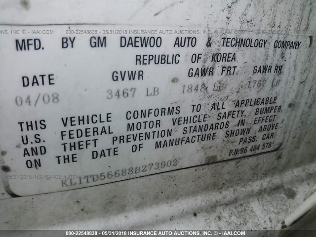 KL1TD56688B273902 - 2008 CHEVROLET AVEO LS WHITE photo 9