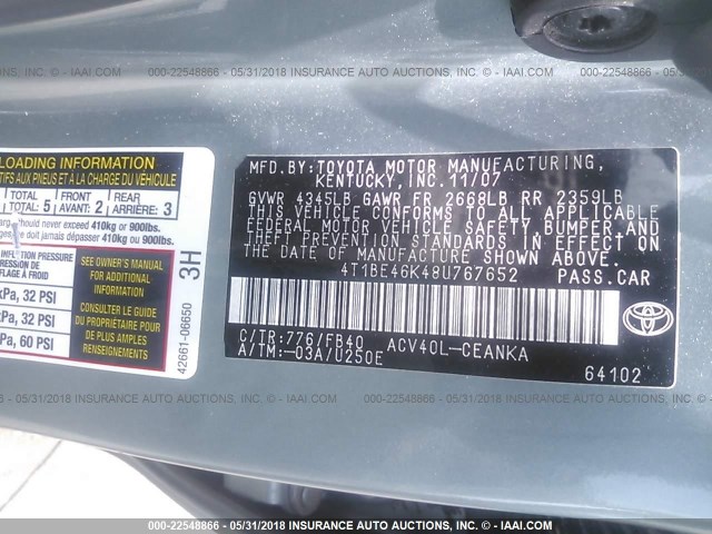 4T1BE46K48U767652 - 2008 TOYOTA CAMRY CE/LE/XLE/SE GREEN photo 9