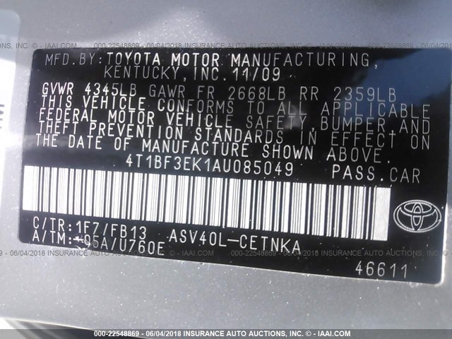 4T1BF3EK1AU085049 - 2010 TOYOTA CAMRY SE/LE/XLE 银色 照片 9