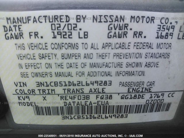 3N1CB51D62L649283 - 2002 NISSAN SENTRA XE/GXE GOLD photo 9