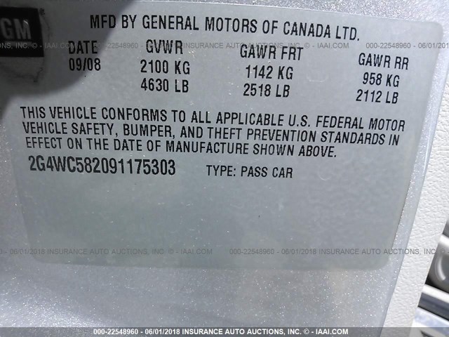 2G4WC582091175303 - 2009 BUICK LACROSSE CX SILVER photo 9