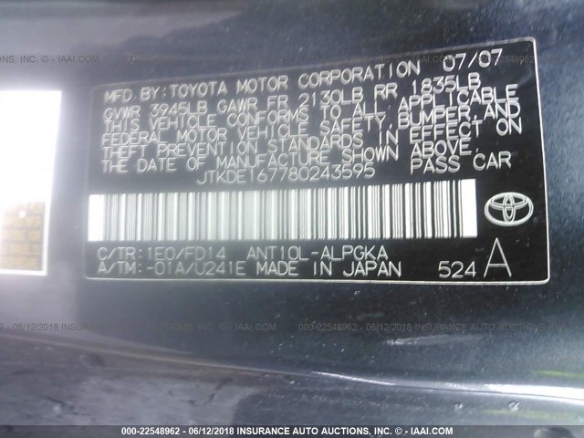 JTKDE167780243595 - 2008 TOYOTA SCION TC TEAL photo 9