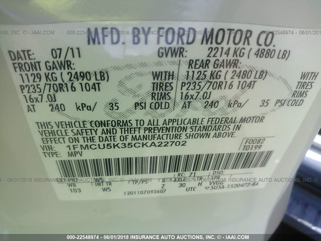 1FMCU5K35CKA22702 - 2012 FORD ESCAPE HYBRID WHITE photo 9