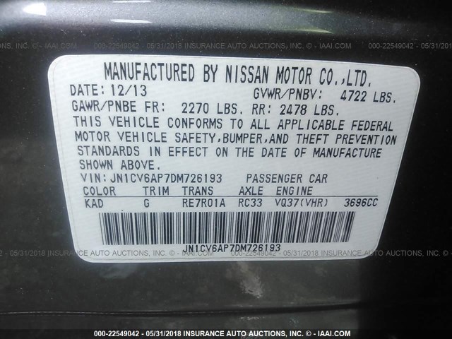 JN1CV6AP7DM726193 - 2013 INFINITI G37 JOURNEY/SPORT GRAY photo 9