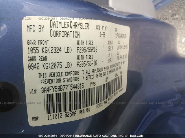 3A4FY58B77T544816 - 2007 CHRYSLER PT CRUISER TOURING BLUE photo 9