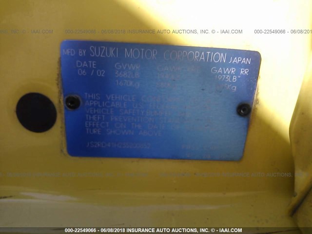 JS2RD41H235200852 - 2003 SUZUKI AERIO SX YELLOW photo 9