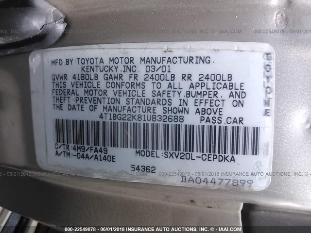 4T1BG22K81U832688 - 2001 TOYOTA CAMRY CE/LE/XLE ბეჟი ფოტო 9