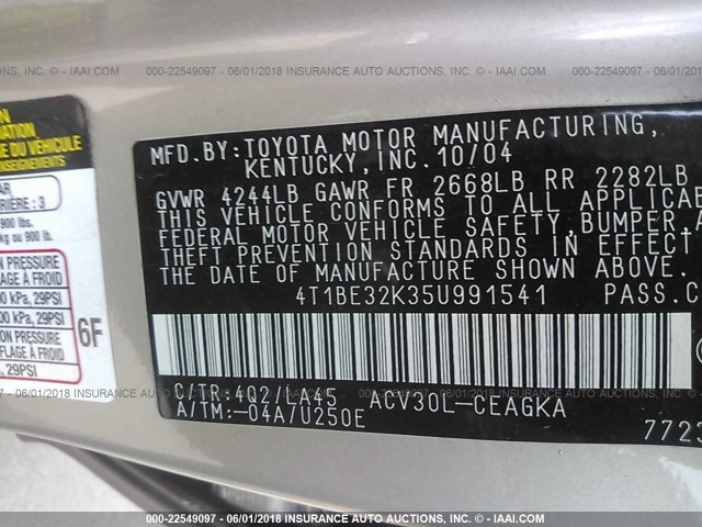 4T1BE32K35U991541 - 2005 TOYOTA CAMRY LE/XLE/SE თაფლისფერი ფოტო 9