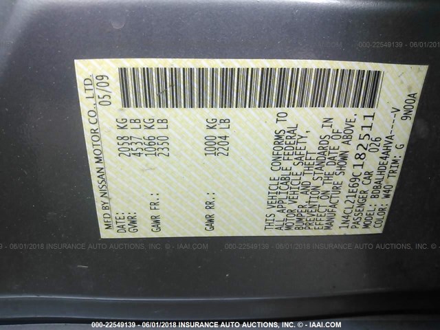 1N4CL21E69C182511 - 2009 NISSAN ALTIMA HYBRID GRAY photo 9