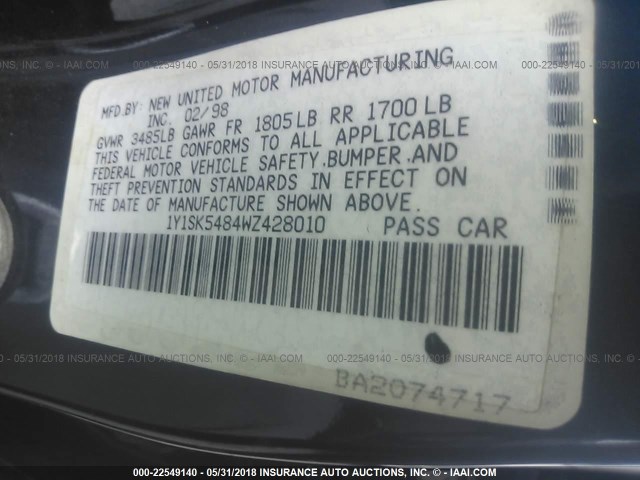 1Y1SK5484WZ428010 - 1998 CHEVROLET GEO PRIZM LSI 蓝色 照片 9