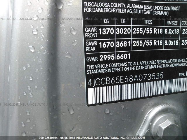 4JGCB65E68A073535 - 2008 MERCEDES-BENZ R 350 GRAY photo 9