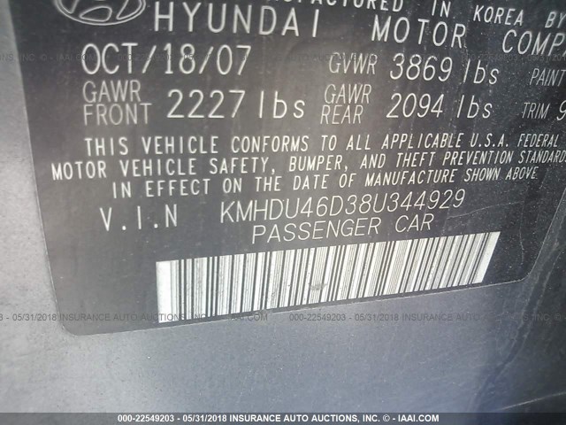 KMHDU46D38U344929 - 2008 HYUNDAI ELANTRA GLS/SE/LIMITED GRAY photo 9