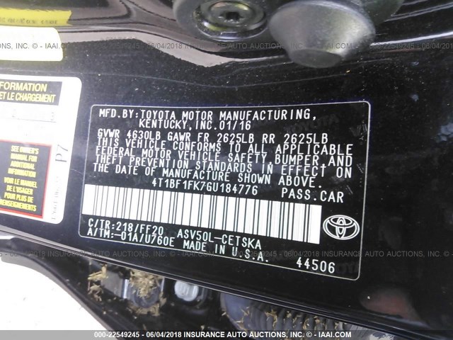 4T1BF1FK7GU184776 - 2016 TOYOTA CAMRY LE/XLE/SE/XSE BLACK photo 9