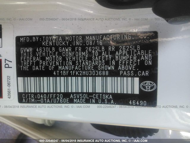 4T1BF1FK2HU303688 - 2017 TOYOTA CAMRY LE/XLE/SE/XSE WHITE photo 9