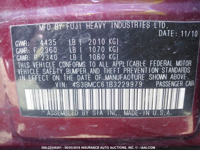 4S3BMCC61B3229979 - 2011 SUBARU LEGACY 2.5I PREMIUM MAROON photo 9