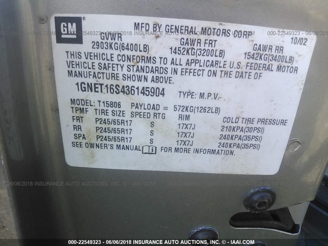 1GNET16S436145904 - 2003 CHEVROLET TRAILBLAZER EXT GRAY photo 9