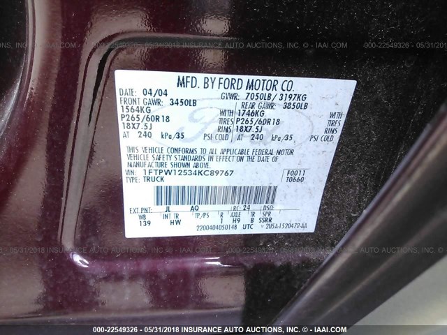 1FTPW12534KC89767 - 2004 FORD F150 SUPERCREW RED photo 9