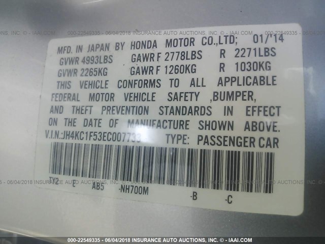 JH4KC1F53EC007733 - 2014 ACURA RLX TECH SILVER photo 9