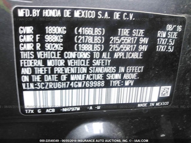 3CZRU6H74GM769988 - 2016 HONDA HR-V EXL SILVER photo 9