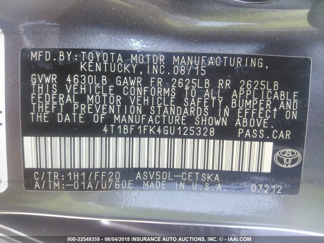 4T1BF1FK4GU125328 - 2016 TOYOTA CAMRY LE/XLE/SE/XSE GRAY photo 9