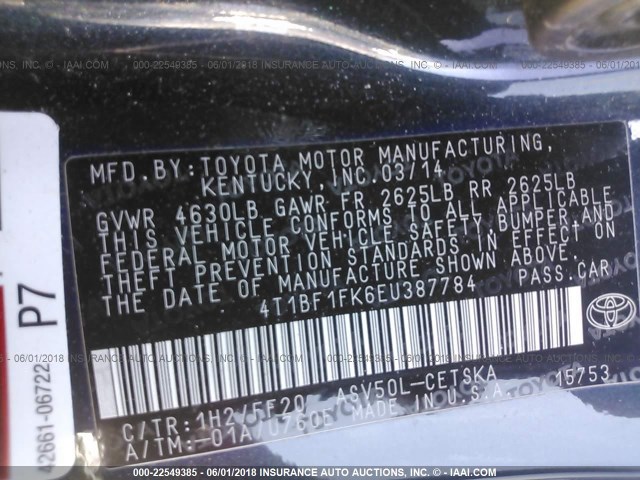 4T1BF1FK6EU387784 - 2014 TOYOTA CAMRY L/SE/LE/XLE 黑色 照片 9