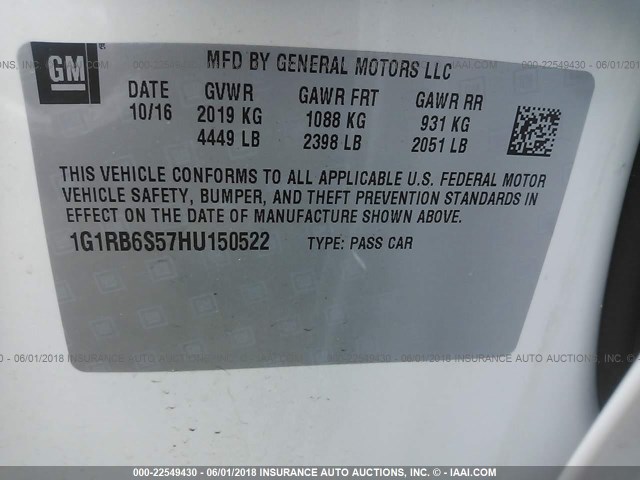 1G1RB6S57HU150522 - 2017 CHEVROLET VOLT PREMIER WHITE photo 9