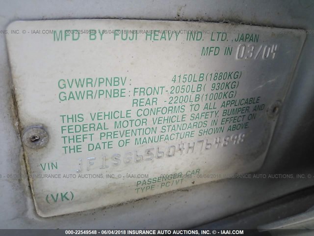 JF1SG65604H764898 - 2004 SUBARU FORESTER 2.5XS ვერცხლისფერი ფოტო 9