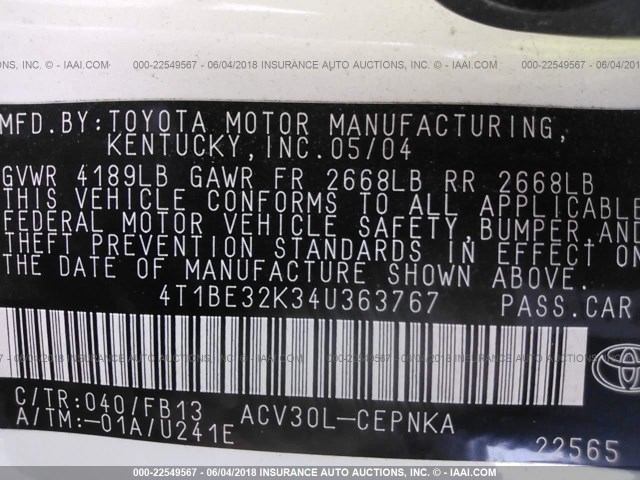 4T1BE32K34U363767 - 2004 TOYOTA CAMRY LE/XLE/SE თეთრი ფოტო 9