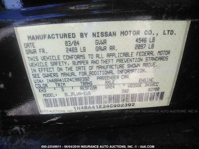 1N4BA41E24C902392 - 2004 NISSAN MAXIMA SE/SL BLACK photo 9