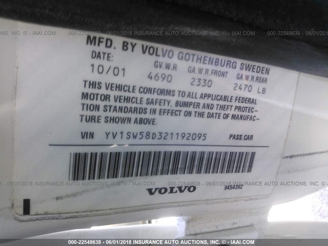 YV1SW58D321192095 - 2002 VOLVO V70 2.4T WHITE photo 9