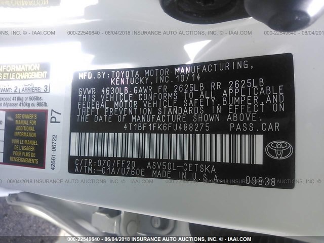 4T1BF1FK6FU488275 - 2015 TOYOTA CAMRY LE/XLE/SE/XSE WHITE photo 9