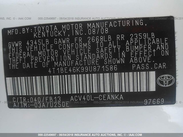 4T1BE46K99U871586 - 2009 TOYOTA CAMRY SE/LE/XLE WHITE photo 9