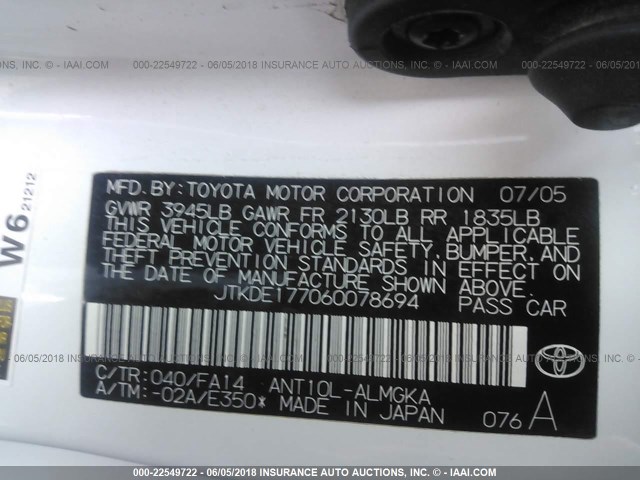 JTKDE177060078694 - 2006 TOYOTA SCION TC 白色 照片 9