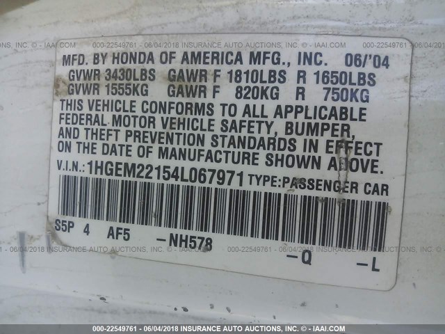 1HGEM22154L067971 - 2004 HONDA CIVIC DX VP WHITE photo 9