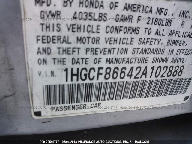 1HGCF86642A102888 - 2002 HONDA ACCORD VALUE SILVER photo 9