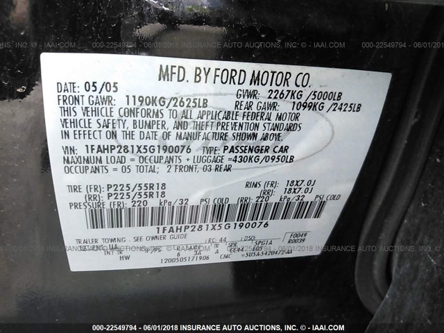 1FAHP281X5G190076 - 2005 FORD FIVE HUNDRED LIMITED BLACK photo 9