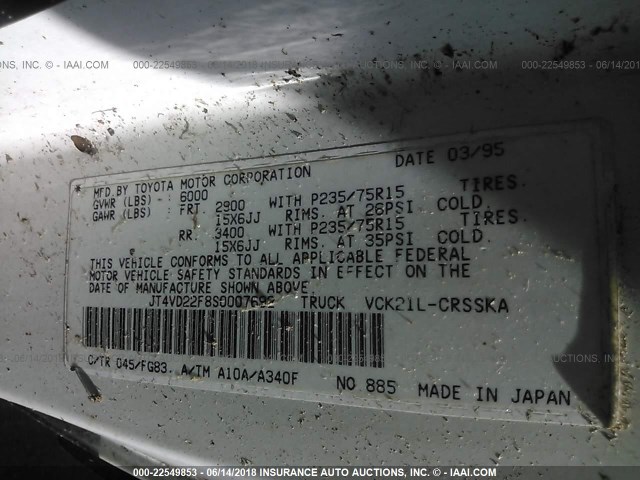 JT4VD22F8S0007692 - 1995 TOYOTA T100 XTRACAB SR5 WHITE photo 9