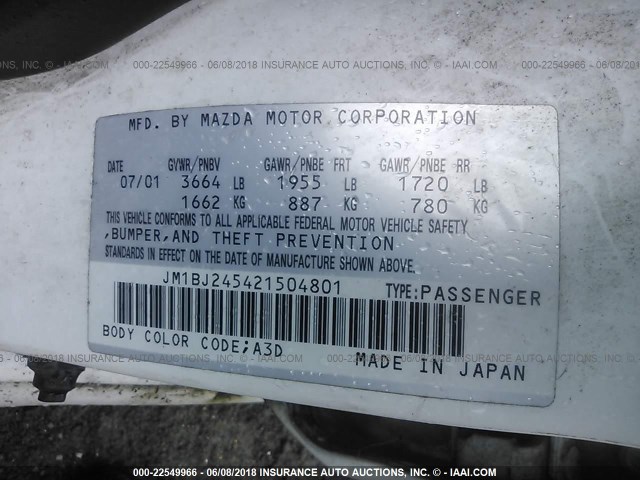 JM1BJ245421504801 - 2002 MAZDA PROTEGE PR5 WHITE photo 9