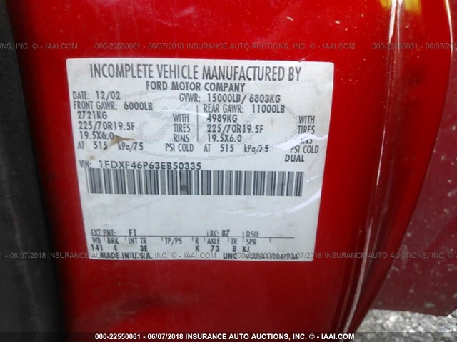 1FDXF46P63EB50335 - 2003 FORD F450 SUPER DUTY RED photo 10