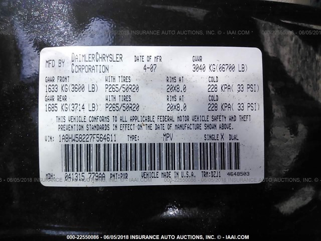 1A8HW58227F564611 - 2007 CHRYSLER ASPEN LIMITED Noir photo 9