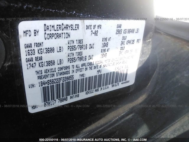 1B4HS58Z22F220055 - 2002 DODGE DURANGO SLT PLUS BLACK photo 9