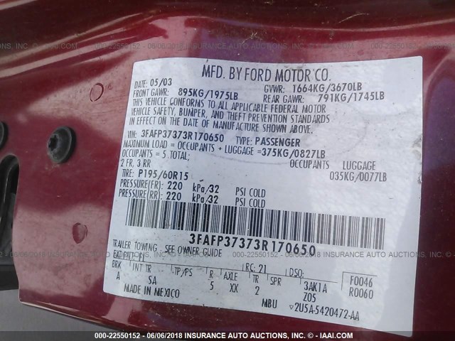 3FAFP37373R170650 - 2003 FORD FOCUS ZX5 RED photo 9