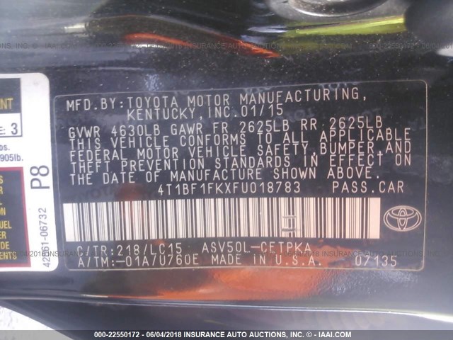 4T1BF1FKXFU018783 - 2015 TOYOTA CAMRY LE/XLE/SE/XSE 黑色 照片 9